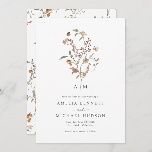 Boho Wildflower Bewaar de datum Save The Date (Voorkant / Achterkant)