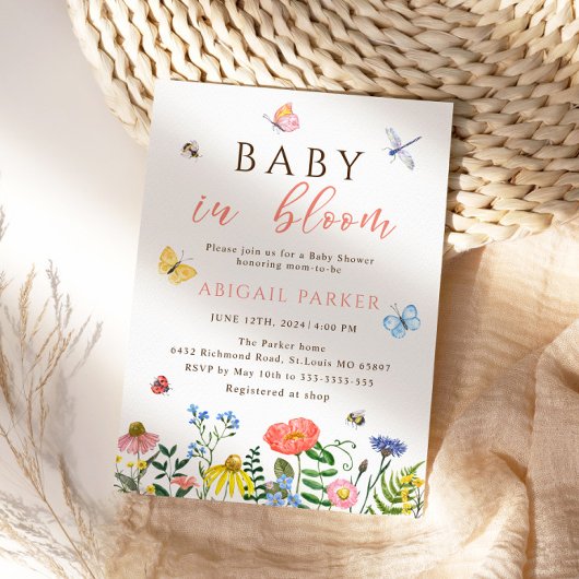 Boho Wildflower Bijen Baby shower Invitation Kaart