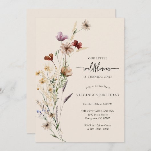 Boho Wildflower Birthday Invitation Kaart (Voorkant / Achterkant)