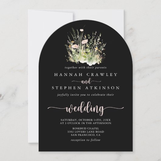 Boho Wildflower Black Arch voor & achter bruiloft Kaart (Voorkant)