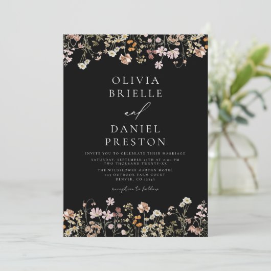 Boho Wildflower Black Garden Wedding Kaart (Staand voorkant)