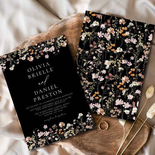 Boho Wildflower Black Garden Wedding Kaart
