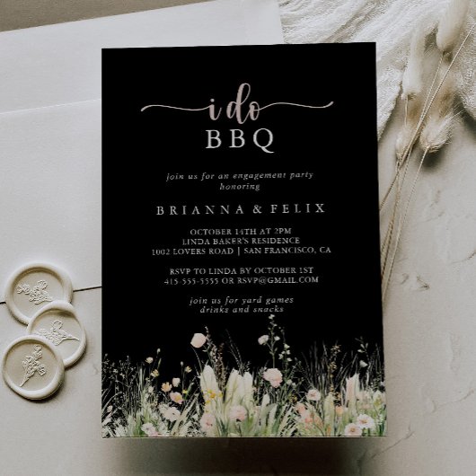 Boho Wildflower Black I Do BBQ Verlovingsfeest Kaart