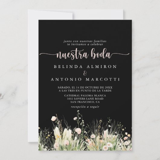 Boho Wildflower Black Nuestra Boda Wedding Kaart (Voorkant)