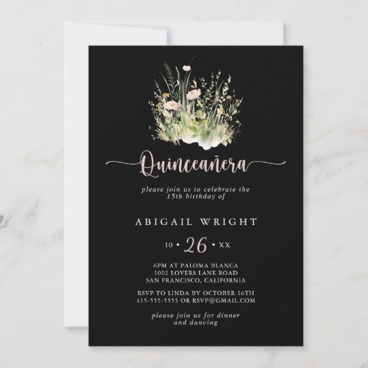 Boho Wildflower Black Quinceañera Invitation Kaart (Voorkant)