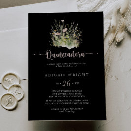Boho Wildflower Black Quinceañera Invitation Kaart