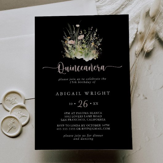 Boho Wildflower Black Quinceañera Invitation Kaart