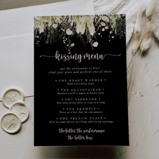 Boho Wildflower Black Wedding Kissing Menu Spel