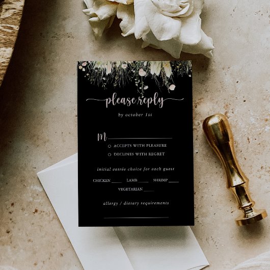 Boho Wildflower Black Wedding Menu Keuzemenu RSVP