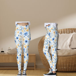 Boho Wildflower Blauw Geel Bloemen Yoga Leggings