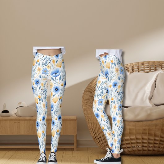 Boho Wildflower Blauw Geel Bloemen Yoga Leggings