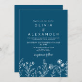 Boho wildflower blauwe bruiloft uitnodiging (Voorkant / Achterkant)