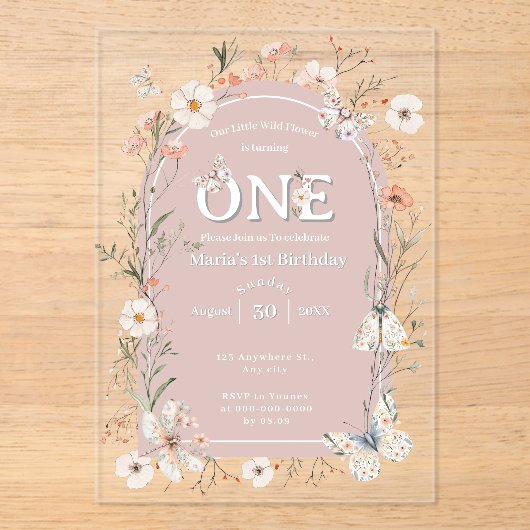Boho Wildflower Bloemen Baby Verjaardag Acryl Uitnodigingen (Voorkant)
