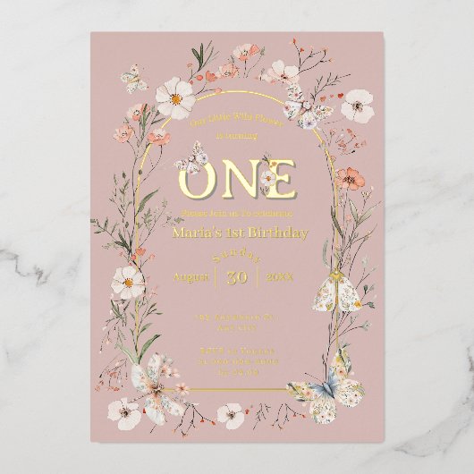 Boho Wildflower Bloemen Baby Verjaardag Folie Uitnodiging (Voorkant)