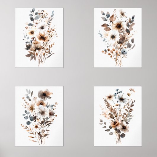 Boho Wildflower Bloemen Botanicals Blauw Bruin Bei Muurkunst Sets (Voorkant)