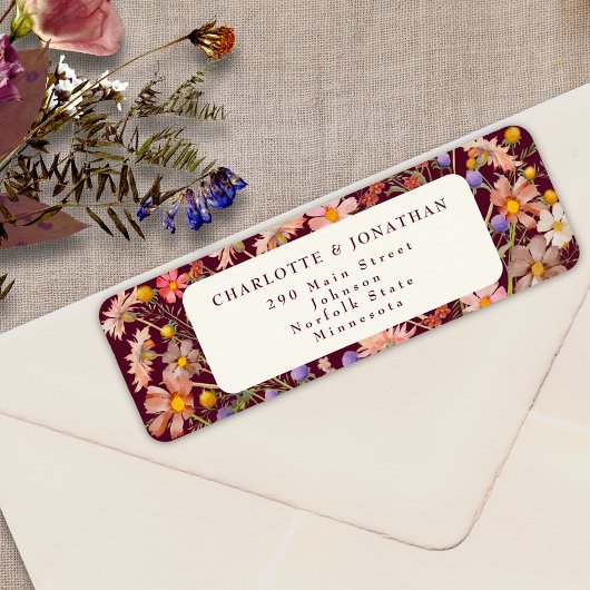 Boho Wildflower Bloemen Bourgogne Cream Wedding Etiket