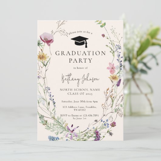 Boho Wildflower Bloemen Foto Afstudeerfeest Kaart (Staand voorkant)