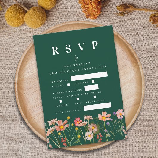 Boho Wildflower Bloemen Maaltijd Opties Groene bru RSVP Kaartje