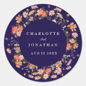 Boho Wildflower Bloemen Marine Blauw Huwelijk Ronde Sticker (Voorkant)