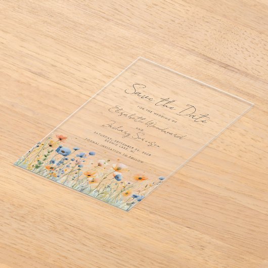 Boho Wildflower Border Sinaasappel Blauw Bruiloft Acryl Uitnodigingen (Laagn)