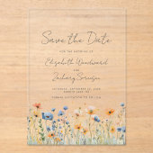 Boho Wildflower Border Sinaasappel Blauw Bruiloft Acryl Uitnodigingen (Voorkant)