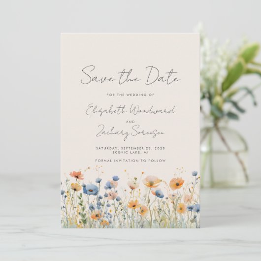 Boho Wildflower Border Sinaasappel Blauw Bruiloft Save The Date (Staand voorkant)