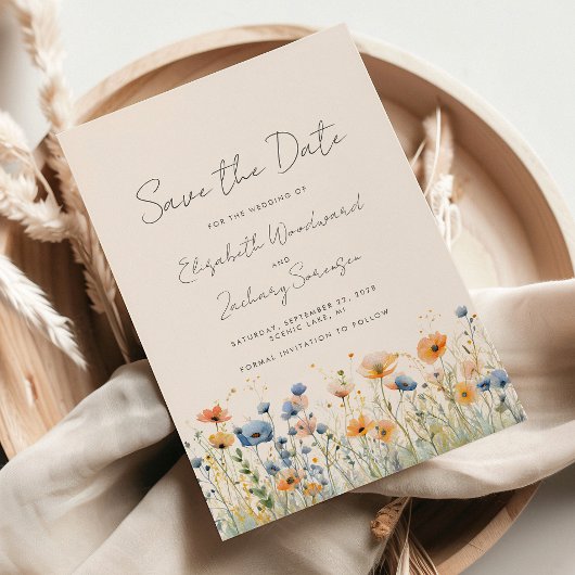 Boho Wildflower Border Sinaasappel Blauw Bruiloft Save The Date
