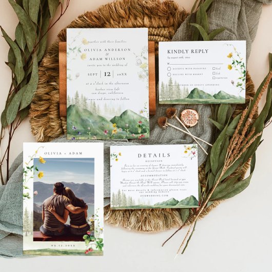 Boho Wildflower Bos Berg Bruiloft RSVP Kaart