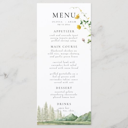 Boho Wildflower Bos Rustieke Berg Bruiloft Menu (Voorkant)