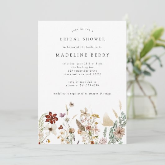 Boho Wildflower Bridal Shower Invitation Kaart (Staand voorkant)