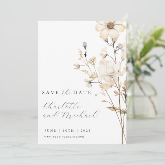 Boho Wildflower bruiloft | Ivoor Save The Date (Staand voorkant)