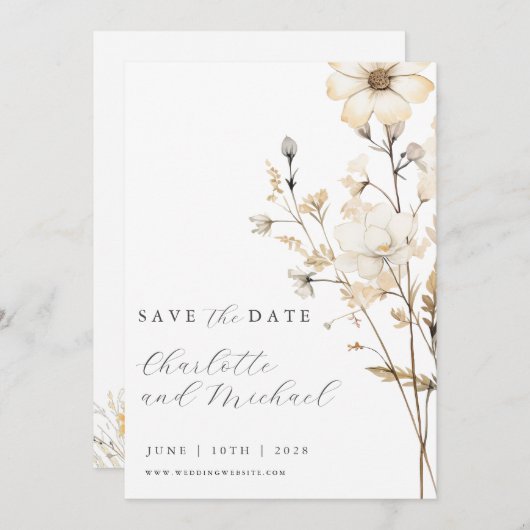 Boho Wildflower bruiloft | Ivoor Save The Date (Voorkant / Achterkant)