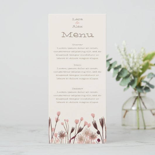 Boho Wildflower Bruiloft Menu (Staand voorkant)