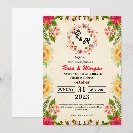 Boho Wildflower bruiloft uitnodigingen Elegante ch (Voorkant / Achterkant)