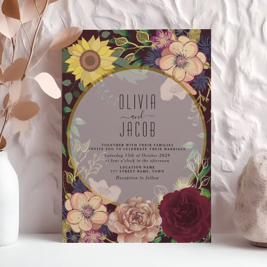 Boho Wildflower Burgundy Trouwkaart Kaart
