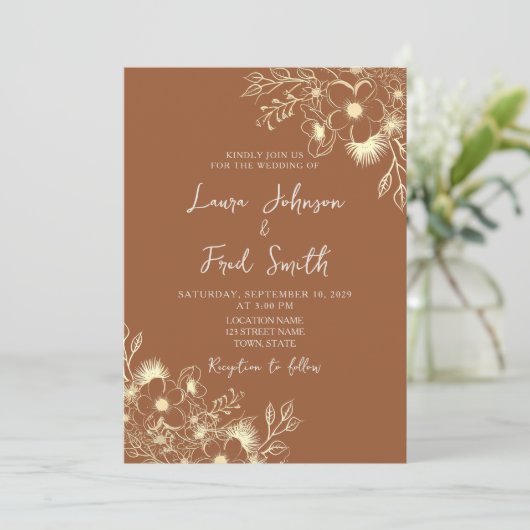 Boho Wildflower Burnt Oranje Wedding Kaart (Staand voorkant)