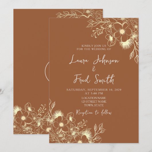 Boho Wildflower Burnt Oranje Wedding Kaart (Voorkant / Achterkant)