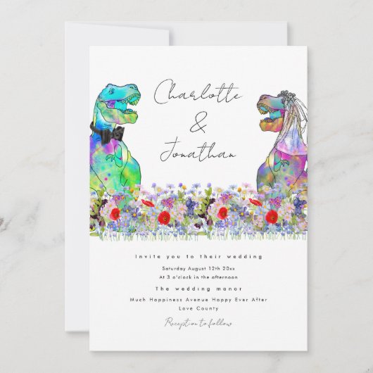 Boho Wildflower Dinosaur Thema bruiloft Kaart (Voorkant)