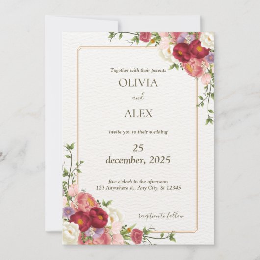 Boho Wildflower Donkerrood Bloem Bruiloft Uitnodig Kaart (Voorkant)