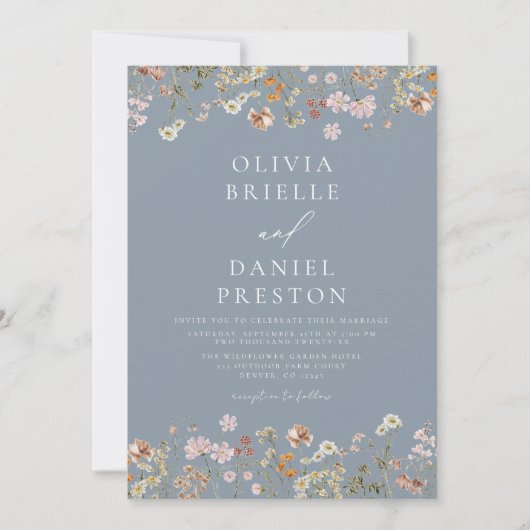 Boho Wildflower Dusty Blue Garden Wedding Kaart (Voorkant)