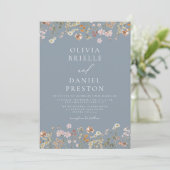 Boho Wildflower Dusty Blue Garden Wedding Kaart (Staand voorkant)