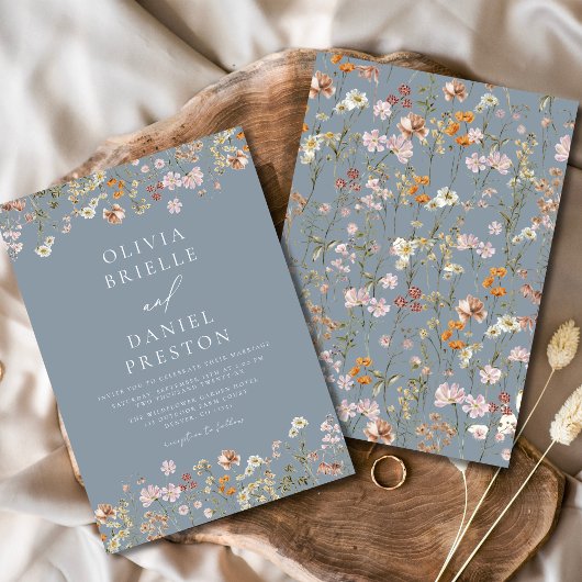 Boho Wildflower Dusty Blue Garden Wedding Kaart