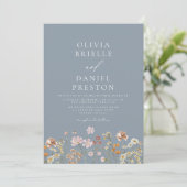 Boho Wildflower Dusty Blue Photo Garden Wedding Kaart (Staand voorkant)