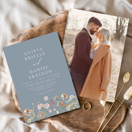 Boho Wildflower Dusty Blue Photo Garden Wedding Kaart
