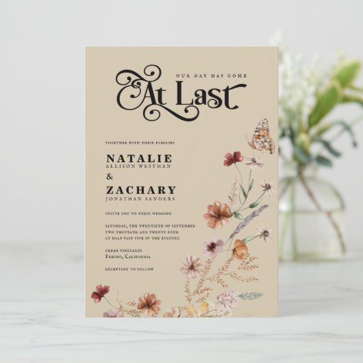 Boho Wildflower eindelijk bij laatste bruiloft Kaart (Staand voorkant)