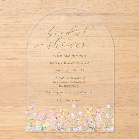 Boho Wildflower Elegant Bridal Shower  Acryl Uitnodigingen (Voorkant)