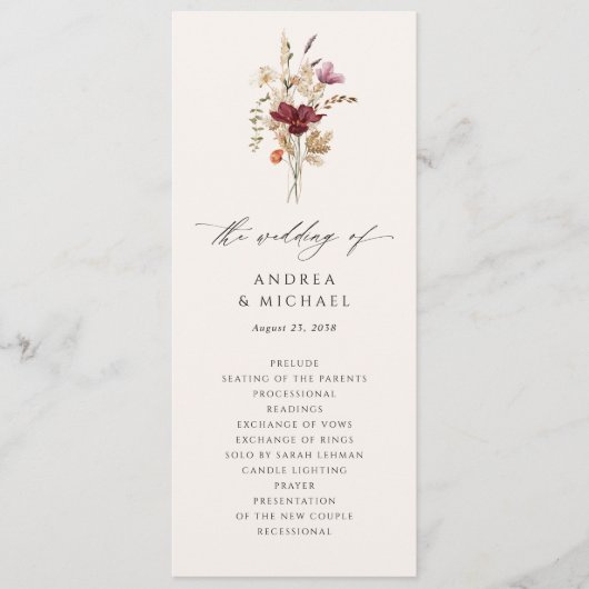 Boho Wildflower Elegante herfst bruiloft Programmakaart (Voorkant)