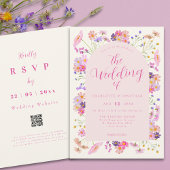 Boho Wildflower Elegante Roze QR Code Huwelijk Kaart