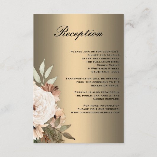 Boho Wildflower en Elegant Goud Bruiloft Receptie Informatiekaartje (Voorkant)