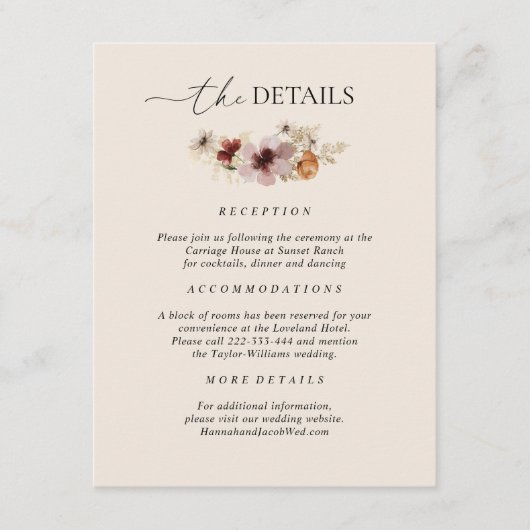 Boho Wildflower Fall Wedding Details Informatiekaartje (Voorkant)
